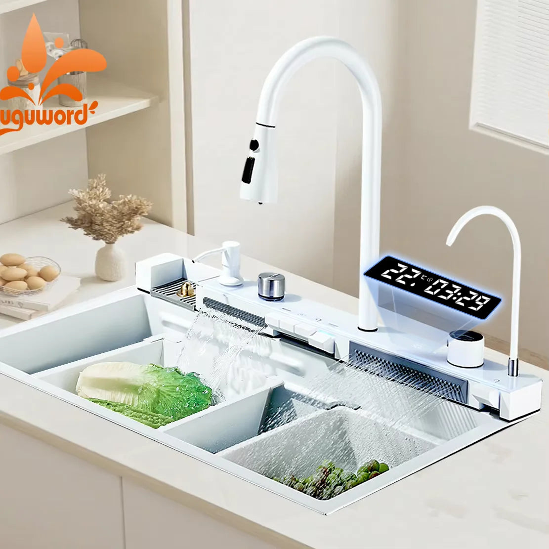 Suguword 304 Stainless Steel Waterfall Kitchen Faucet With Soap Dispenser
