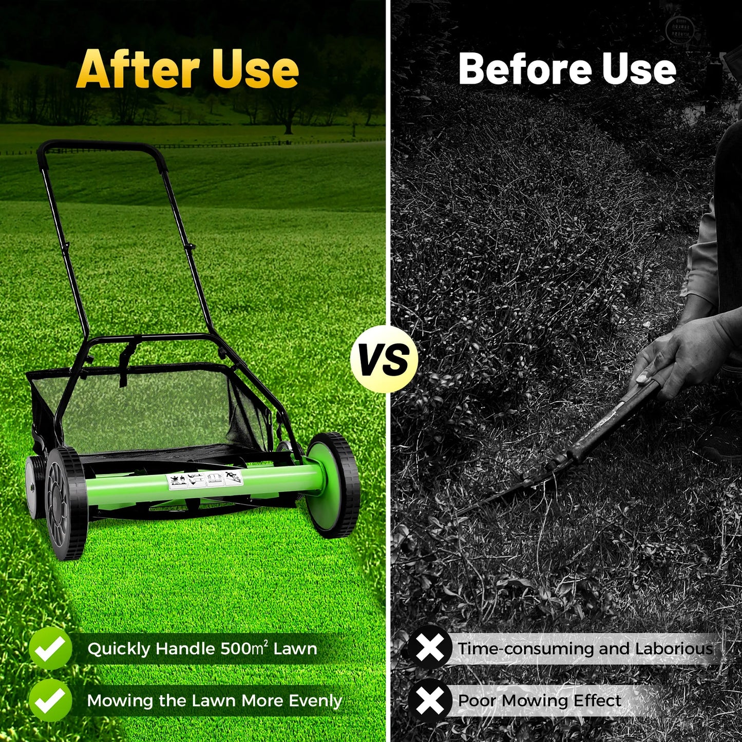 Push Reel Lawn Mower With Adjustable Cutting Height Catcher