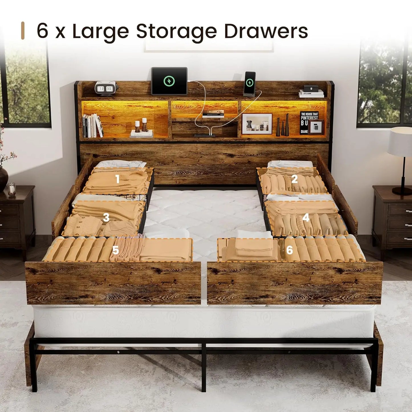 Storage Bed Frame With 6 Drawers And USB Charging Station