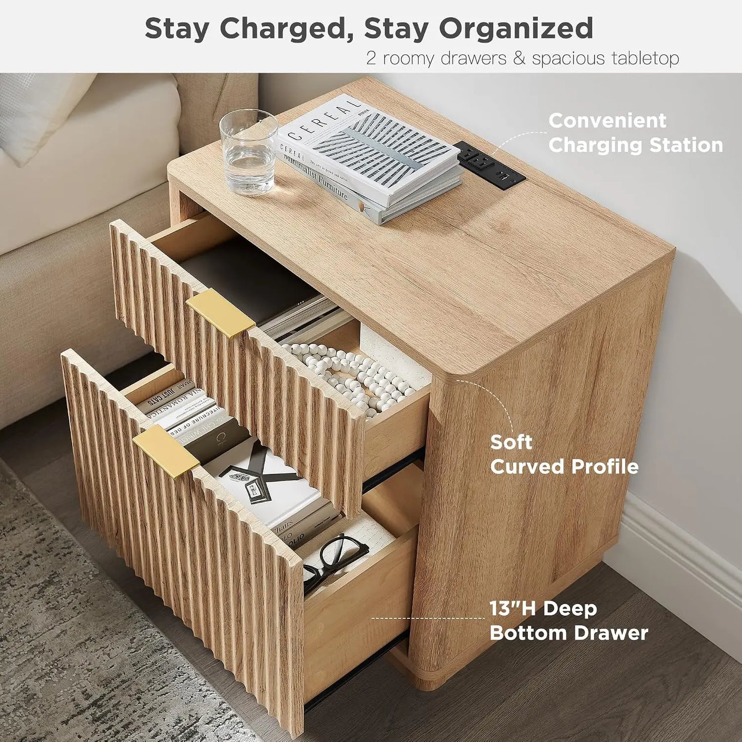 Fluted Nightstand With Charging Station 2 Drawer Modern End Table