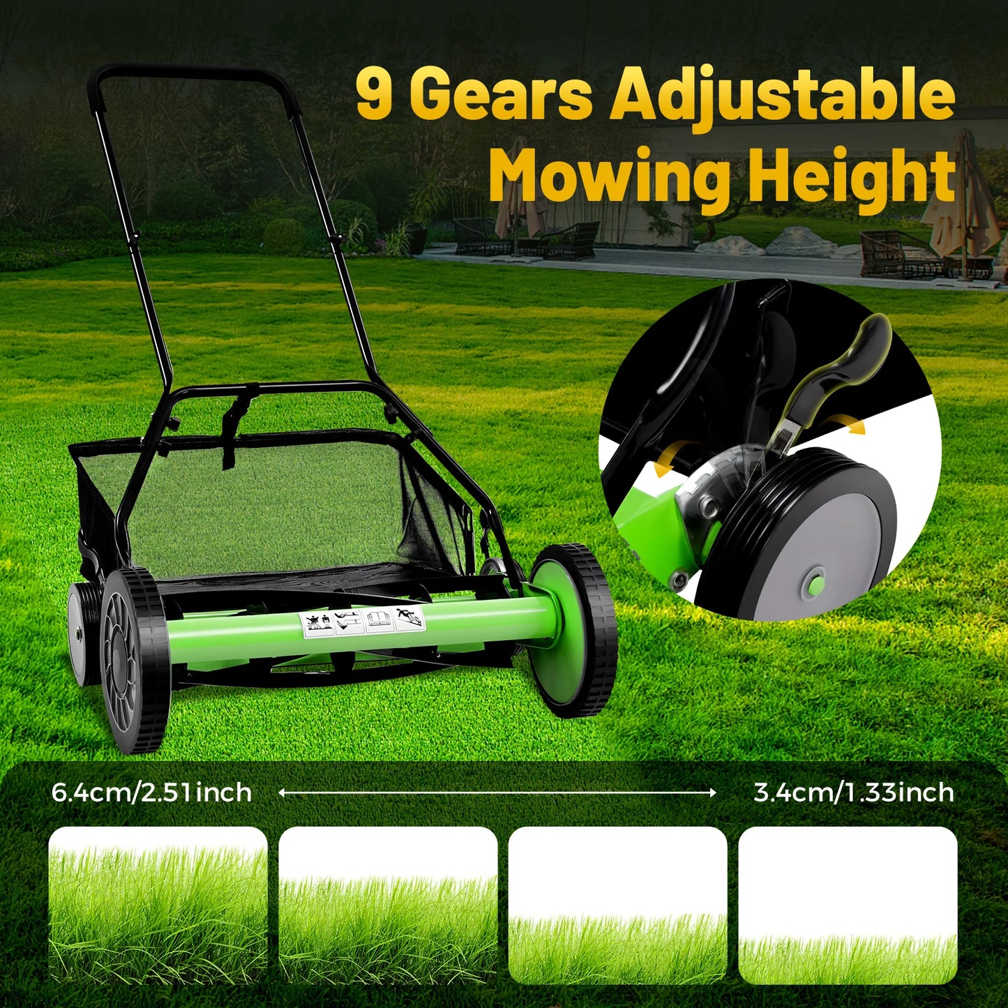 Push Reel Lawn Mower With Adjustable Cutting Height Catcher
