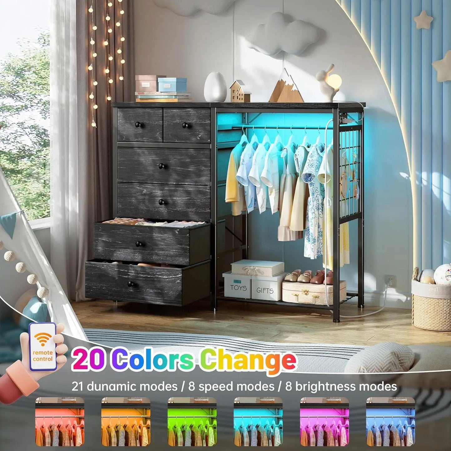 Wooden Dresser With Hanging Rack, 6 Drawers, LED Lights