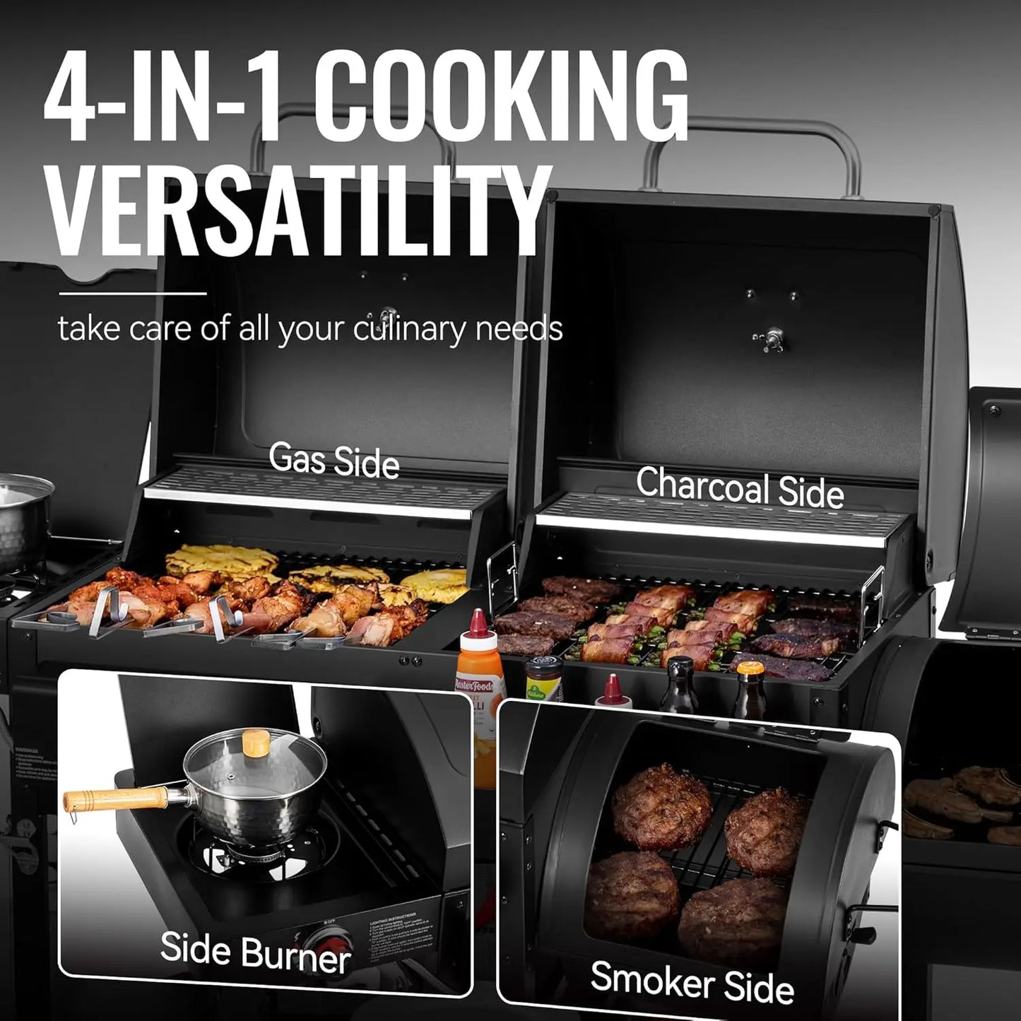 Gas Charcoal Dual Fuel Grill With Offset Smoker System