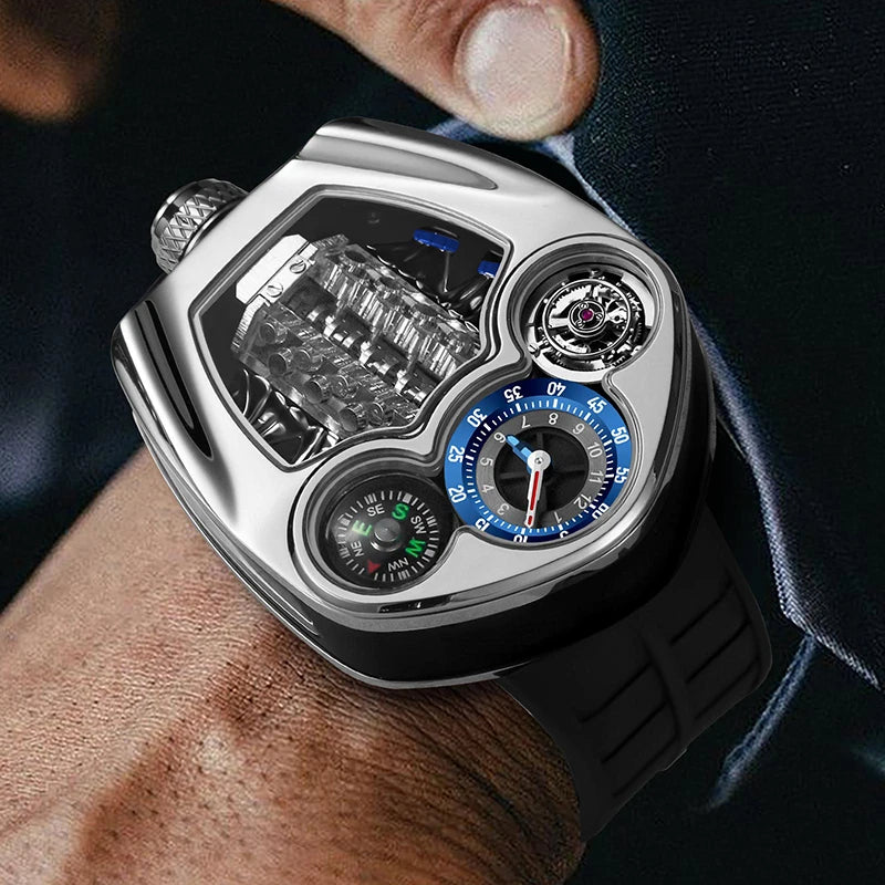 PINDU Design Men's Watch Luxury Business Compass Quartz Silicone Strap